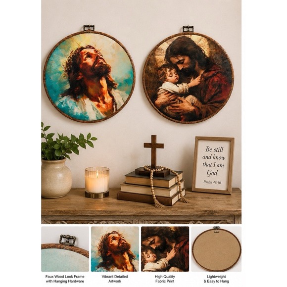 Other - Set of 2 Christian Religious Round Fabric Wall Hanging Prints Home Decor New
